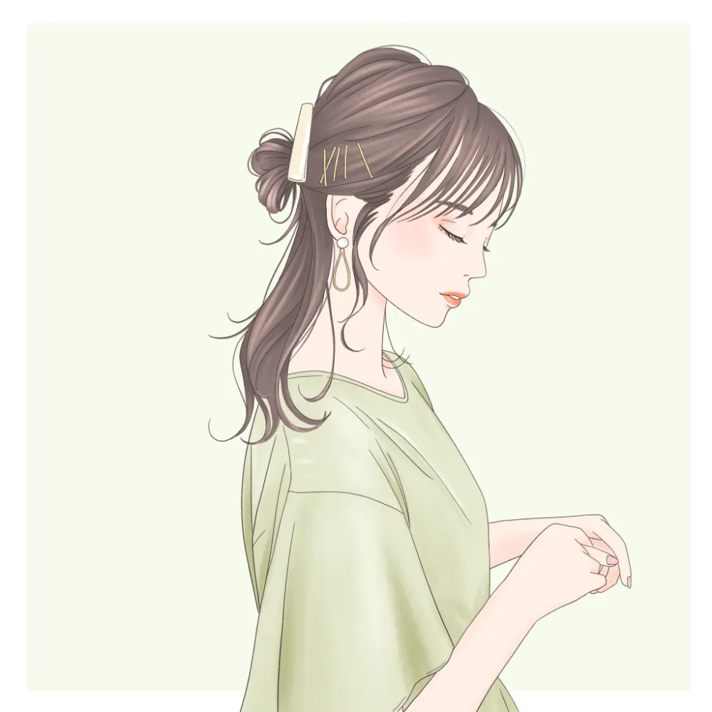 ヘアアクセをつけて、後毛もこなれ感があるハーフアップのイラスト画像