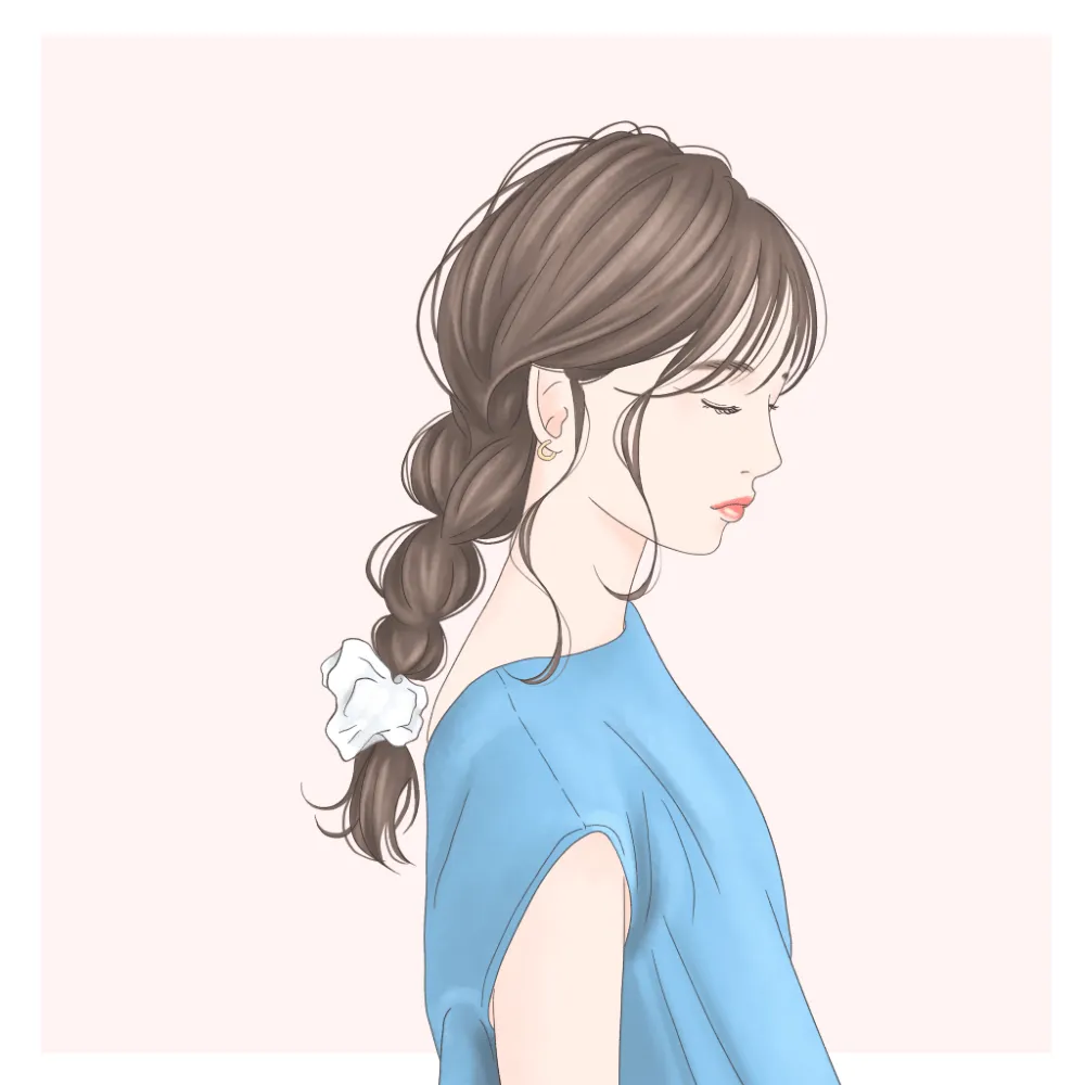 顔まわりは編み込みせずに、崩し感がある編み込みがこなれているヘアスタイルのイラスト画像