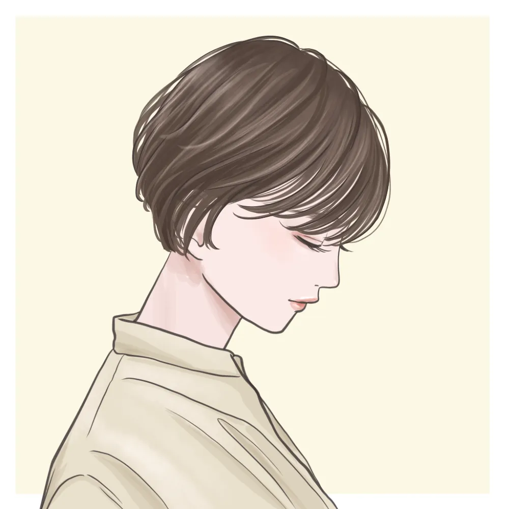 30代が若見えする軽い毛の流れや後頭部の空気を含んだ立体感がが特徴的なショートヘアのイラスト画像