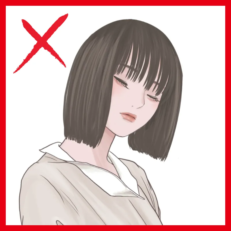 30代の女性が老け見えしてしまう、もっさり重めダークトーンボブヘアのイラスト画像