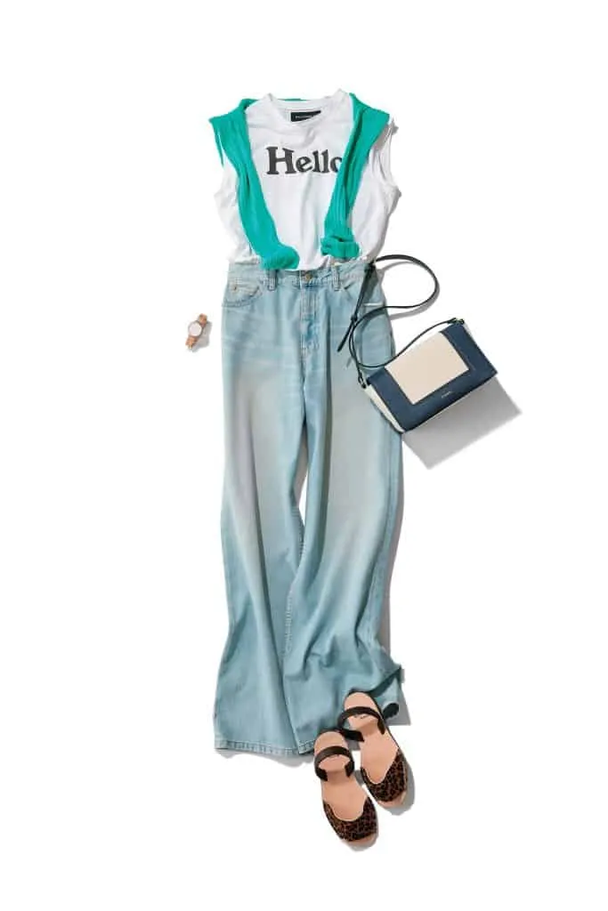 ワイドデニムパンツ×ノースリTの秋冬大人カジュアルなデニムワイドパンツコーデ