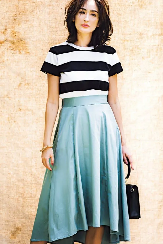 太ボーダーT × フレアスカート の大人カジュアルなボーダーコーデ