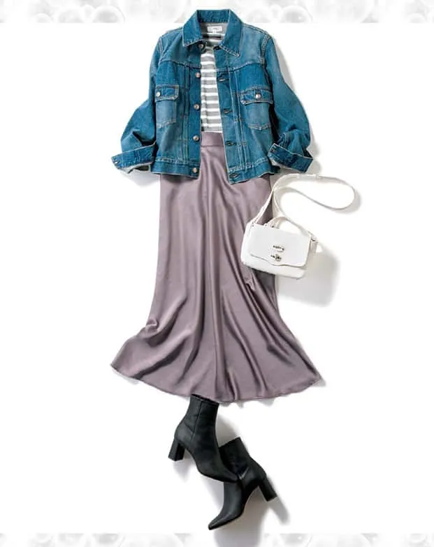 ボーダーカットソー (グレー×ホワイト) × ナロースカート (ニュアンスブラウンのサテン) × Gジャン の大人カジュアルなボーダーコーデ