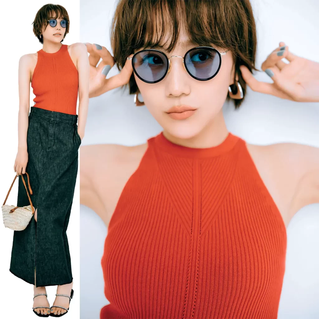 デニムロングスカートとアメスリタンクトップの夏のワンツーコーデ