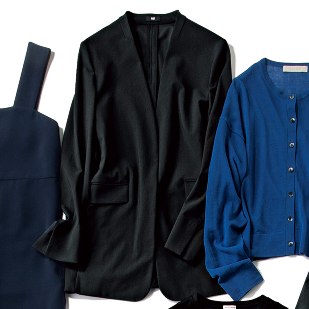 ジャケット ストレッチ素材でストレスなく着られるジャケットは洗濯機で洗える強者。UVカット機能も心強い。長めの着丈が今の気分。ジャケット￥20,000（PLST） ◆マシン洗い・UVカット