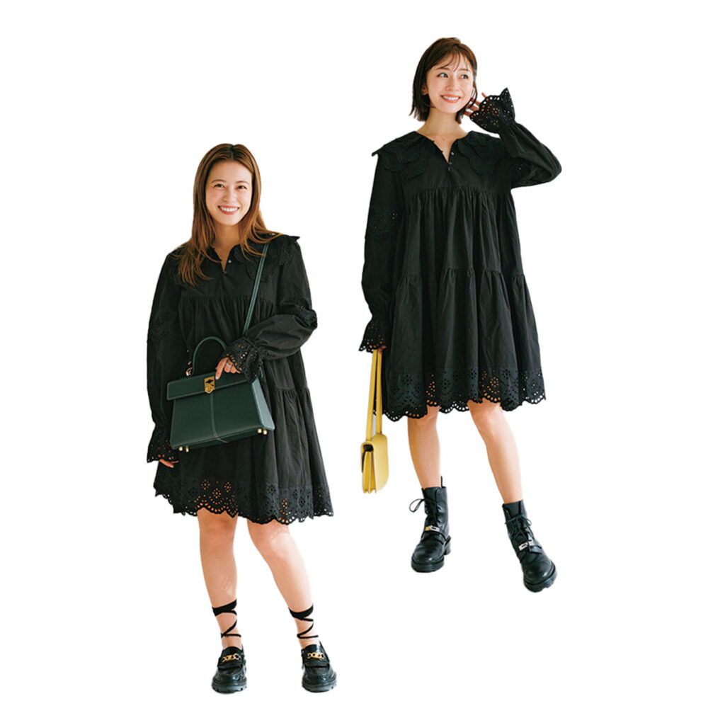 膝丈ブラックワンピの双子コーデ