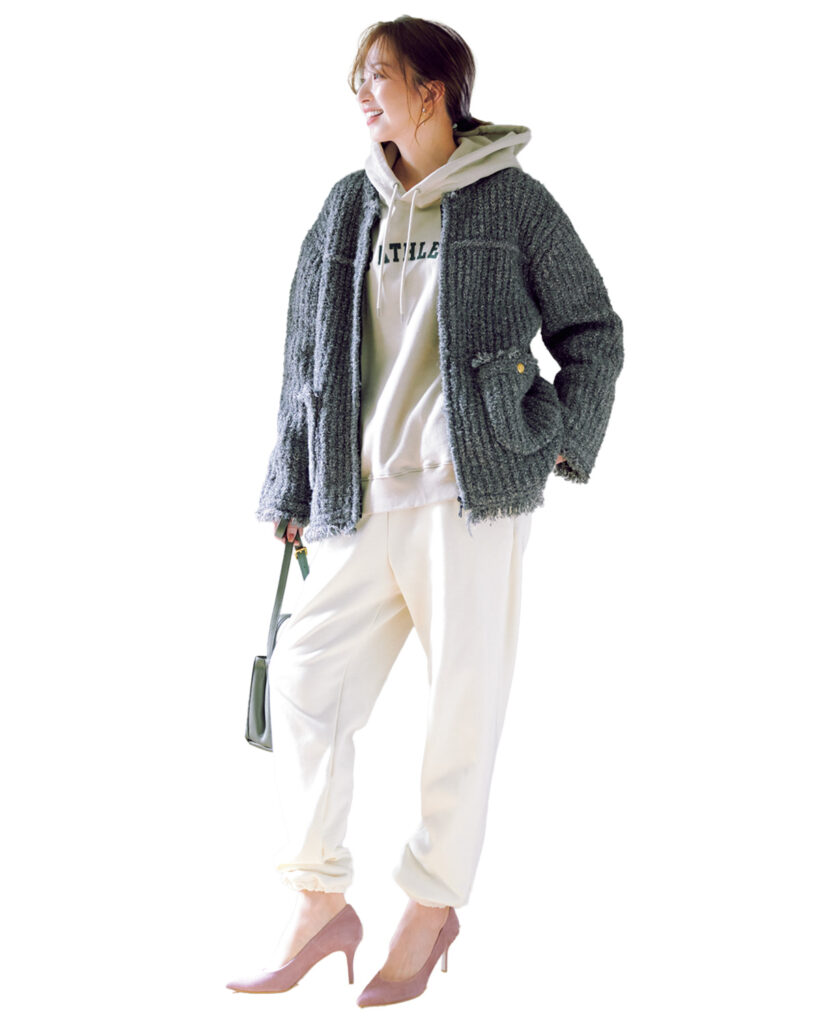 ツイード風ニットジャケットのコーデ