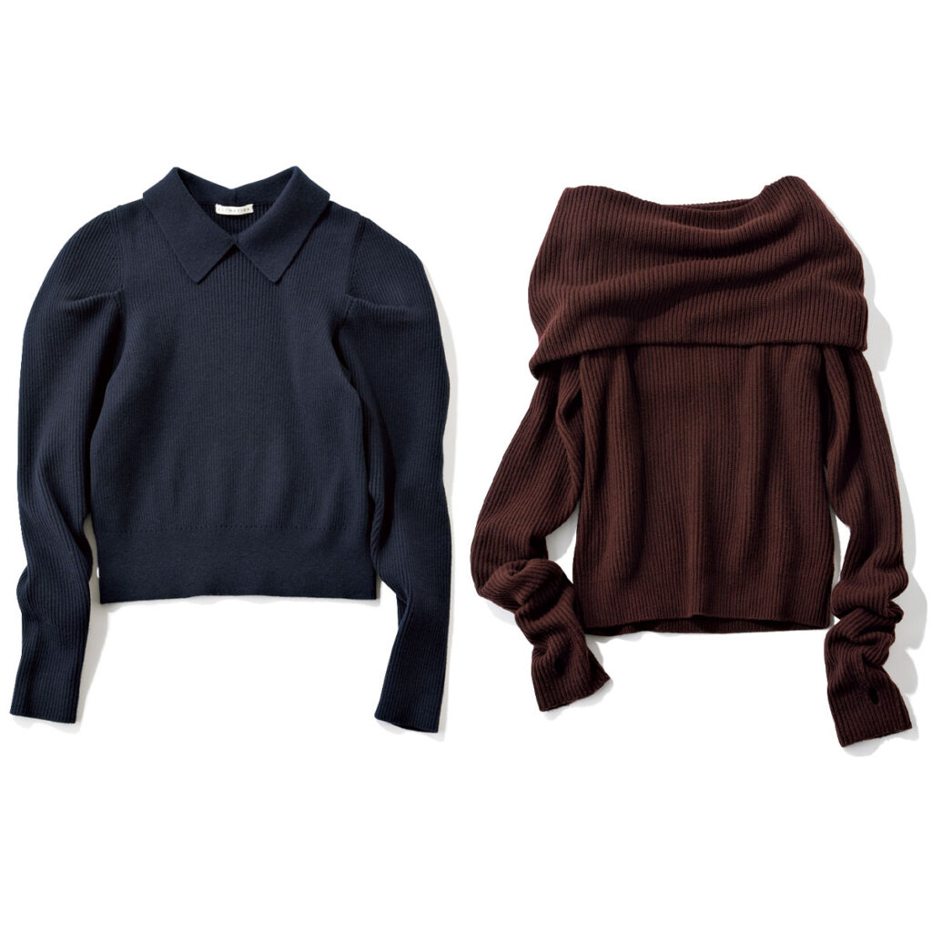 ネイビーの襟付きニットとブラウンのオフショルニット