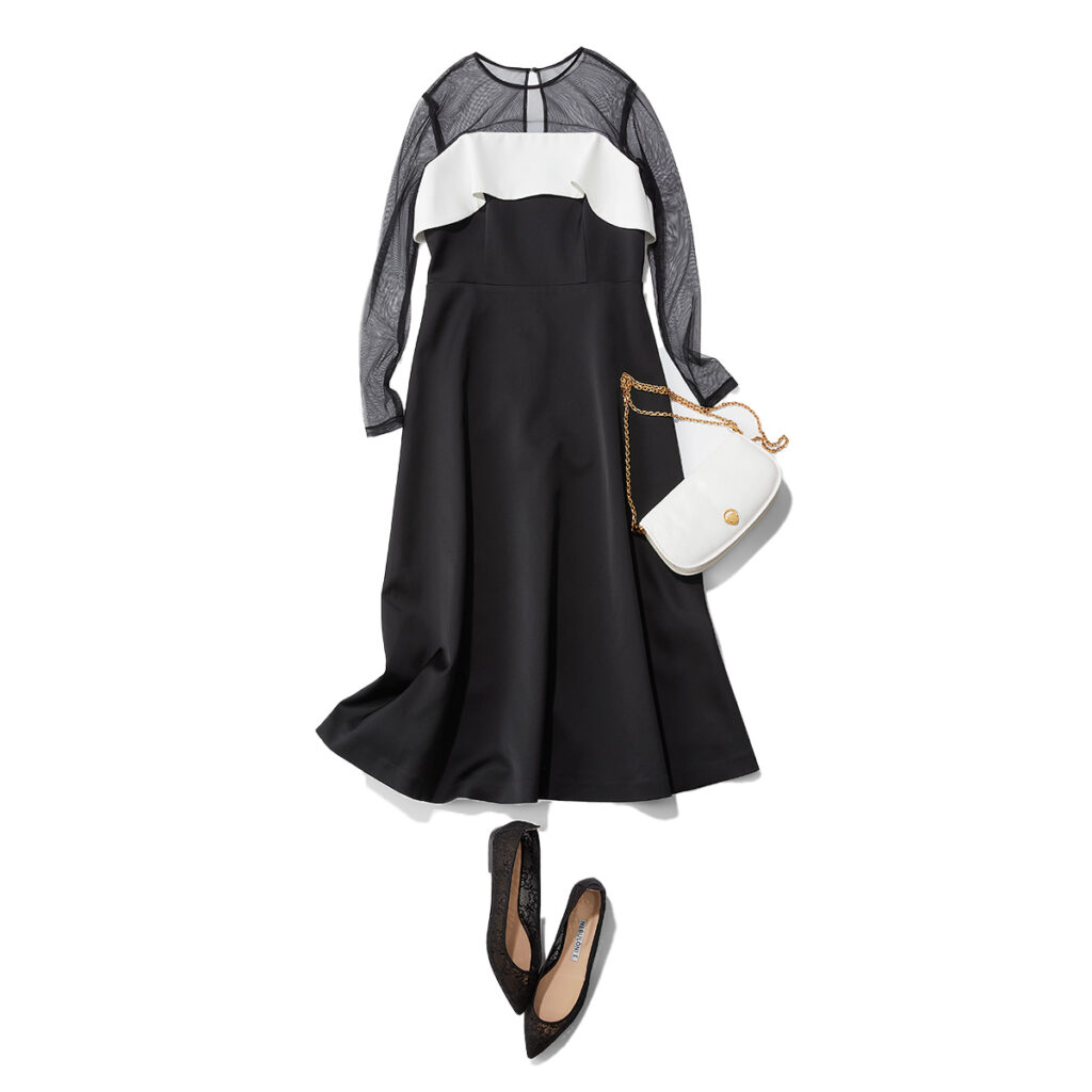 サテン×シアー素材のモノトーンワンピースコーデ