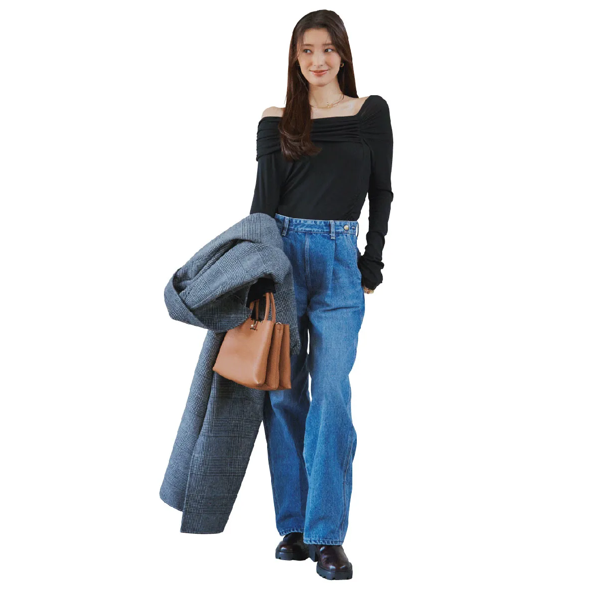 厚手のコートとジーンズを合わせた冬のデニムコーデ