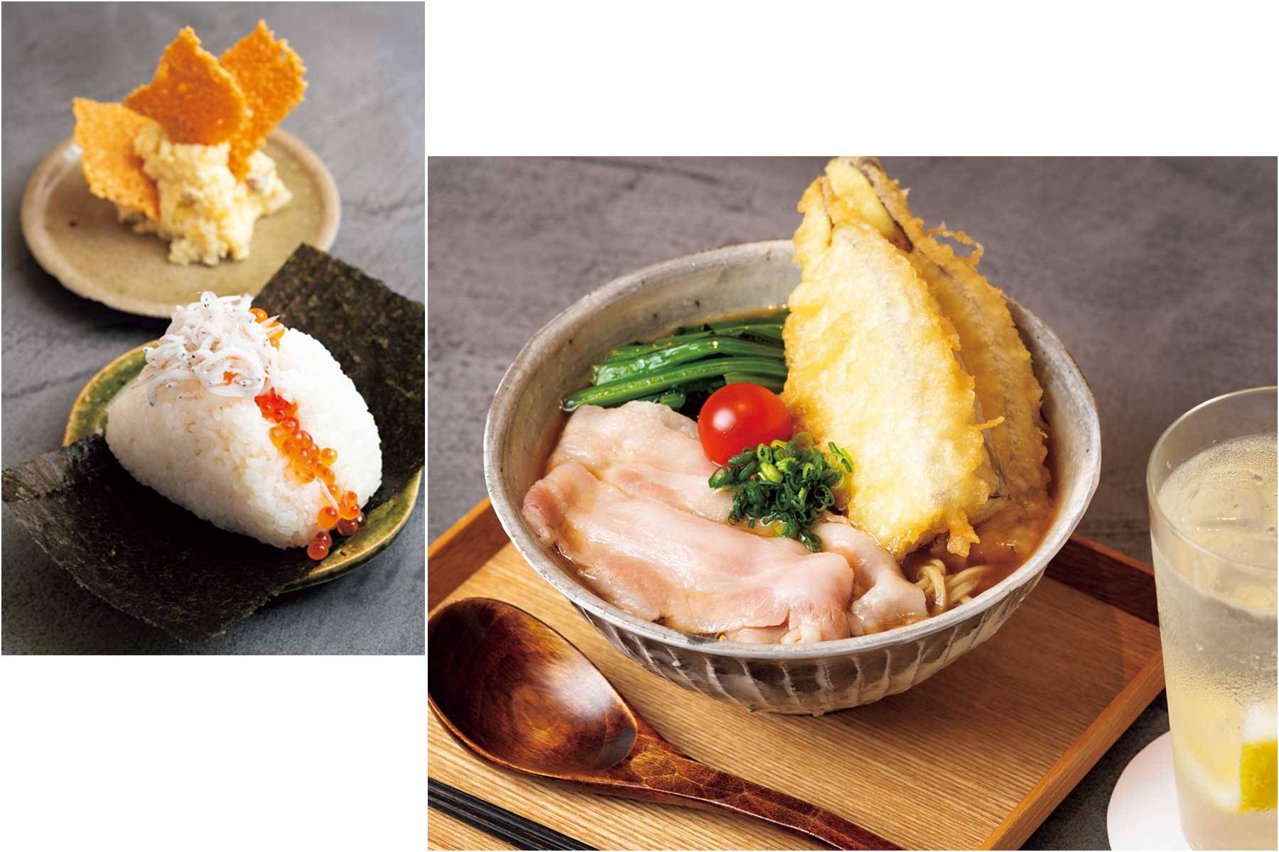 岩中豚しゃぶ とろとろナス天そば,おにぎり,小野木のポテサラ