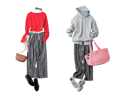 カジュアルにスニーカー、きれいめにローファーを合わせたグレーのワイドパンツのコーデ例