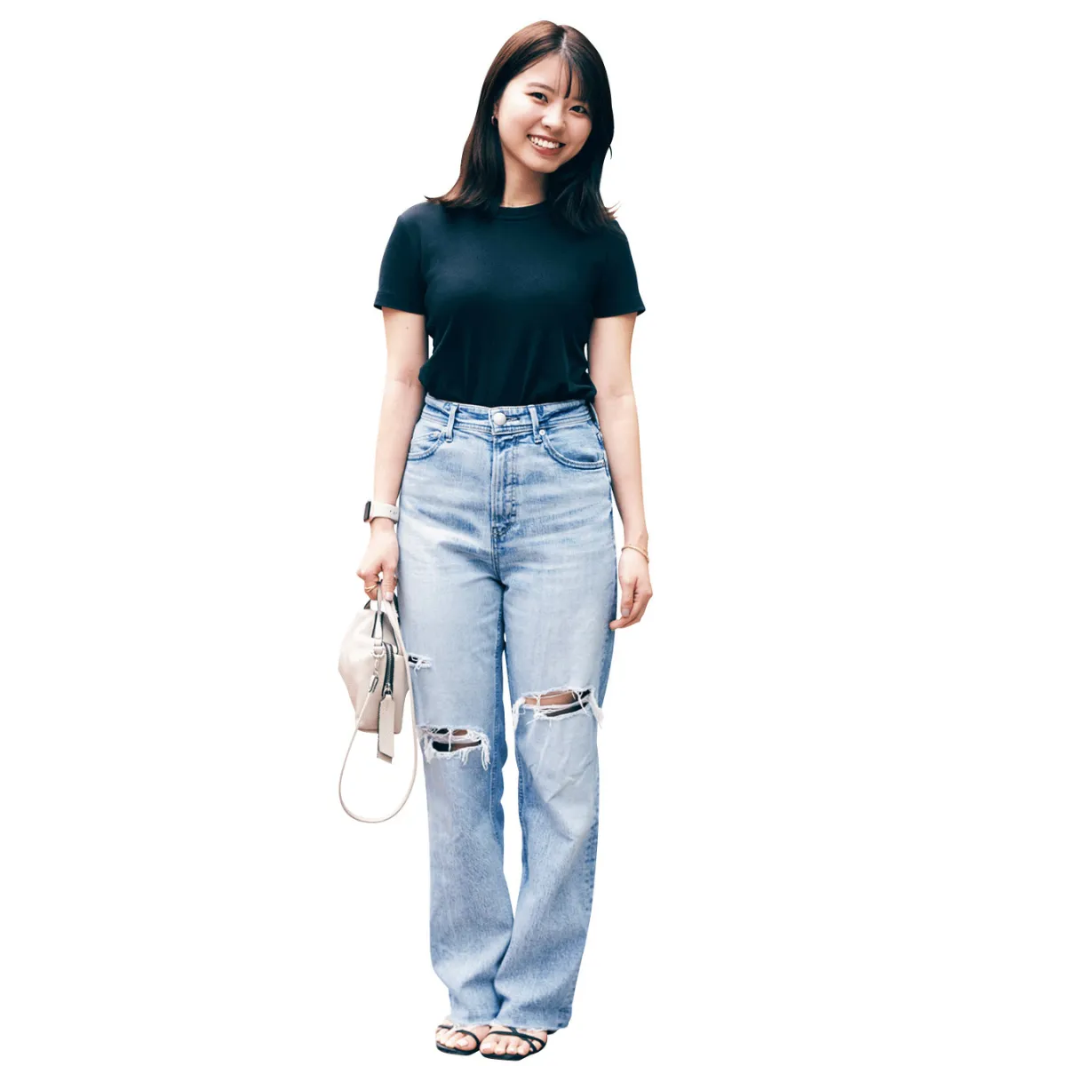 Tシャツ×デニムコーデの牧原静香さん