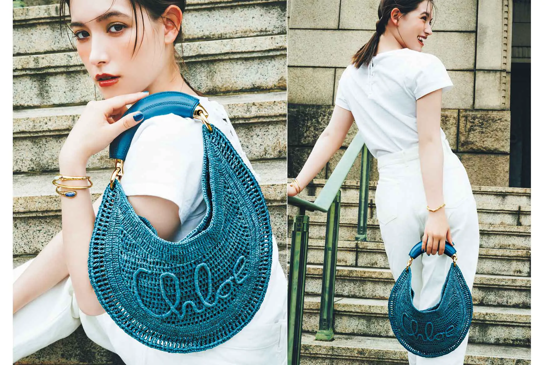 白Tシャツ×白パンツ×ブルーバッグの白コーデ