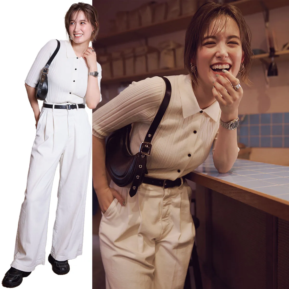 白のポロニット×白パンツの白コーデ