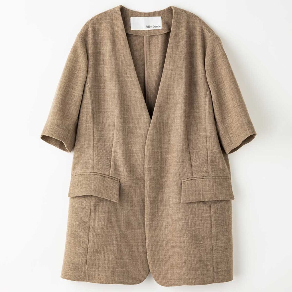 リネンライクのノーカラー半袖ジャケット