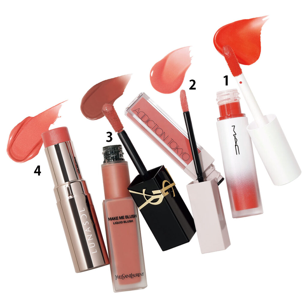 ストロボ ビーム リキッド ブラッシュ アプリコット ジェリー,アディクション ザ リキッドブラッシュ グロウ 001 ,YSL メイクミーブラッシュ リキッド 57,ルナソル ブラッシュスティック EX01