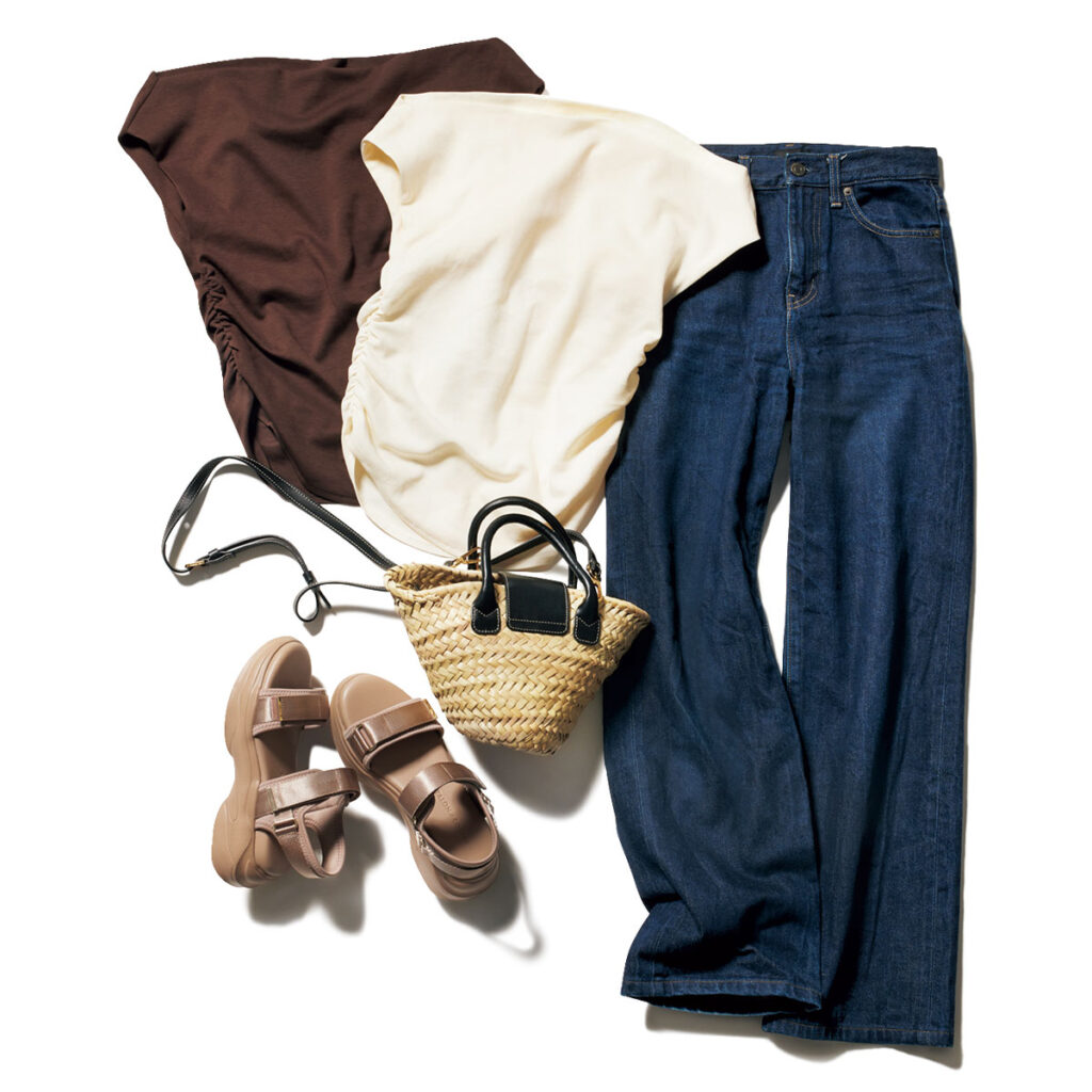 オフショルトップスとユニクロデニム