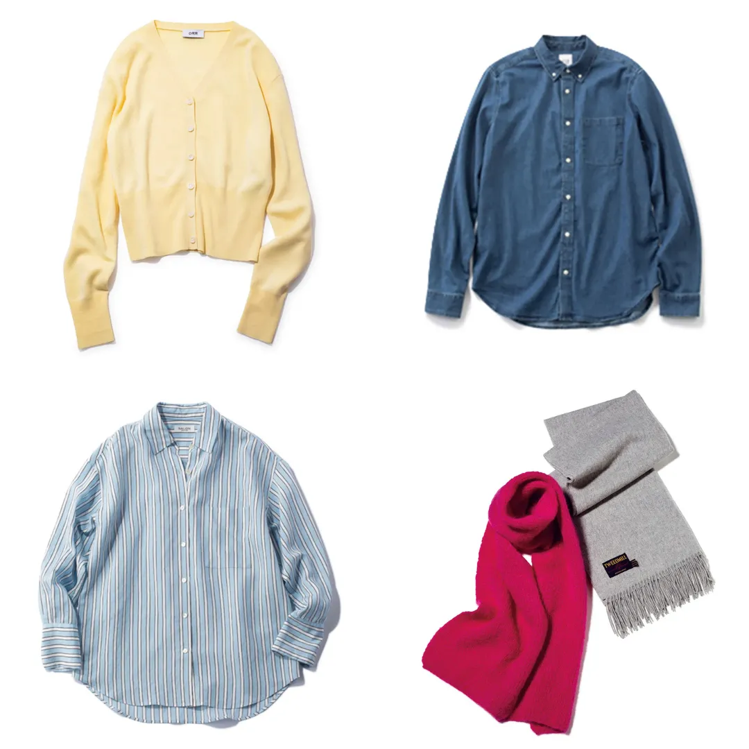 空港コーデにあると便利な羽織やストールのコラージュ画像。