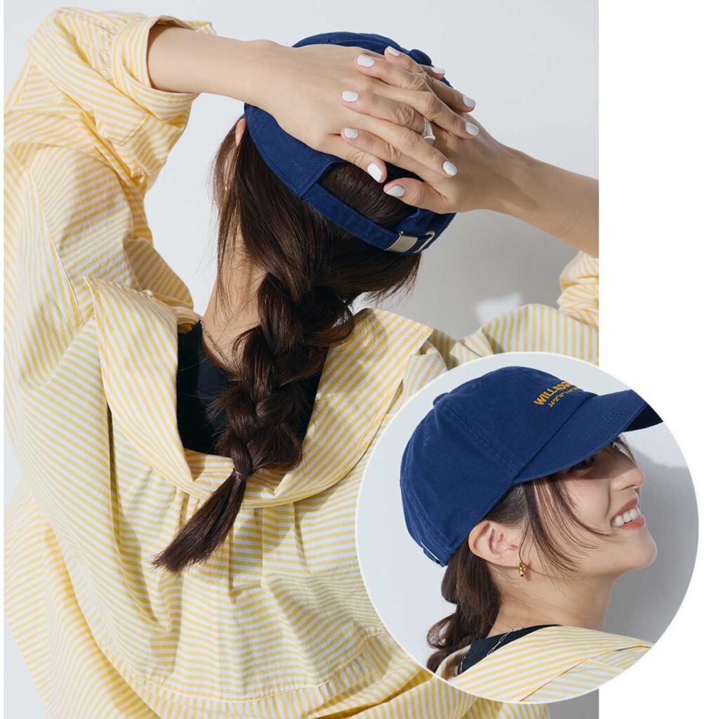 キャップと三つ編みヘアアレンジ