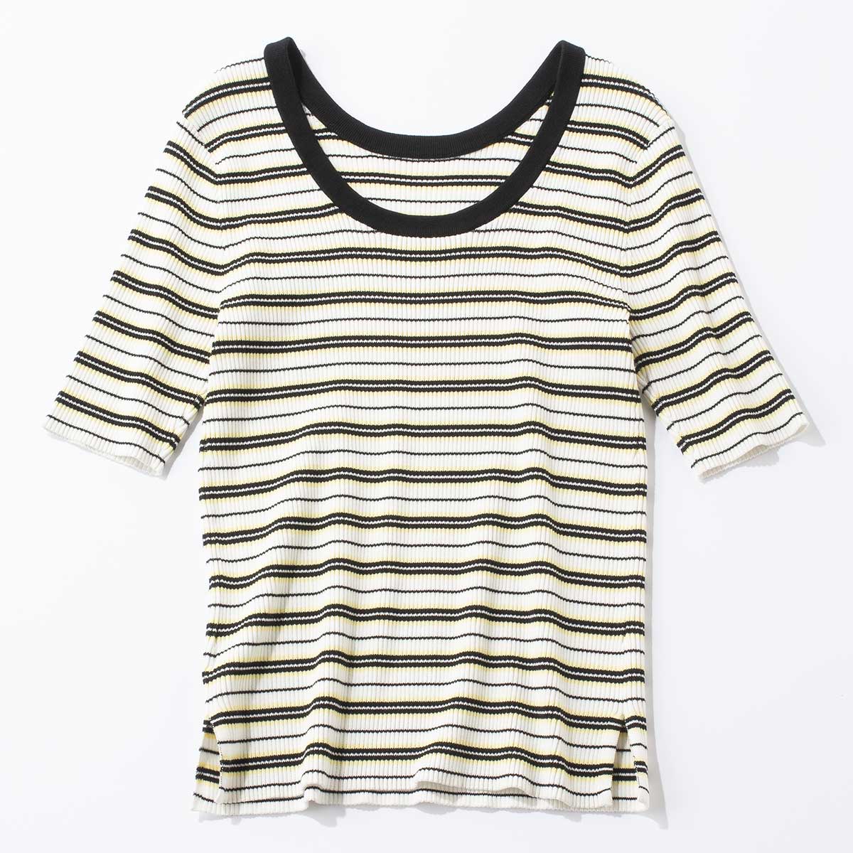 マルチボーダー柄のクルーネックトップス