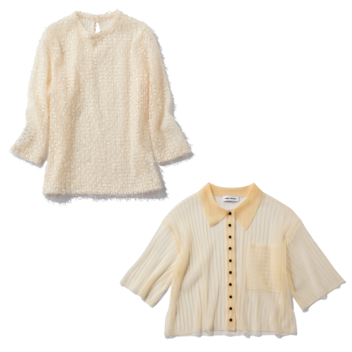 スパンコールのチュールブラウスとシアー素材のニット