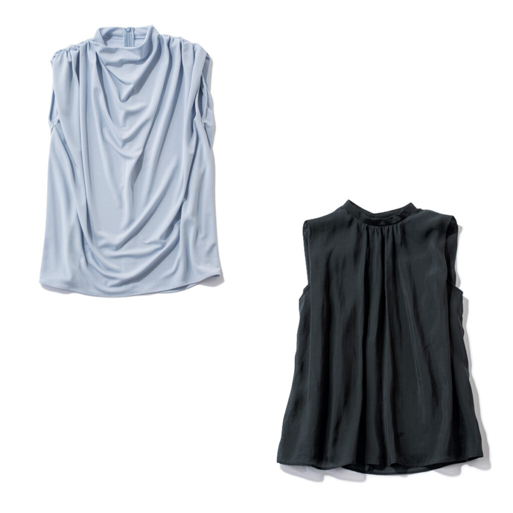 ドレープブラウスとハイネックデザインのブラウス