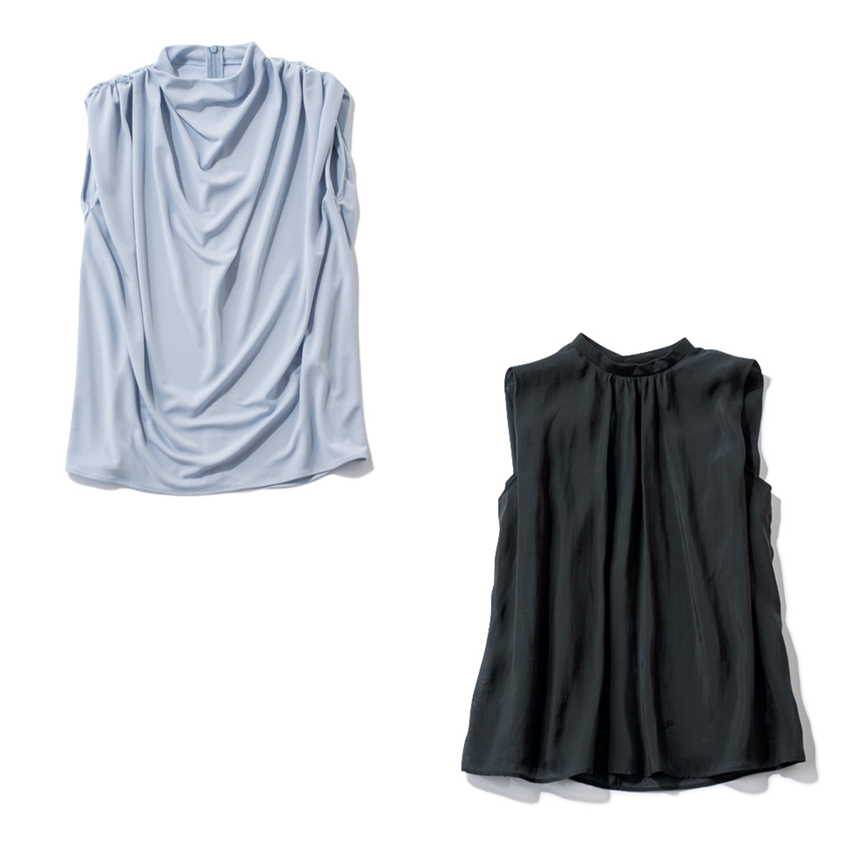 ドレープブラウスとハイネックデザインのブラウス