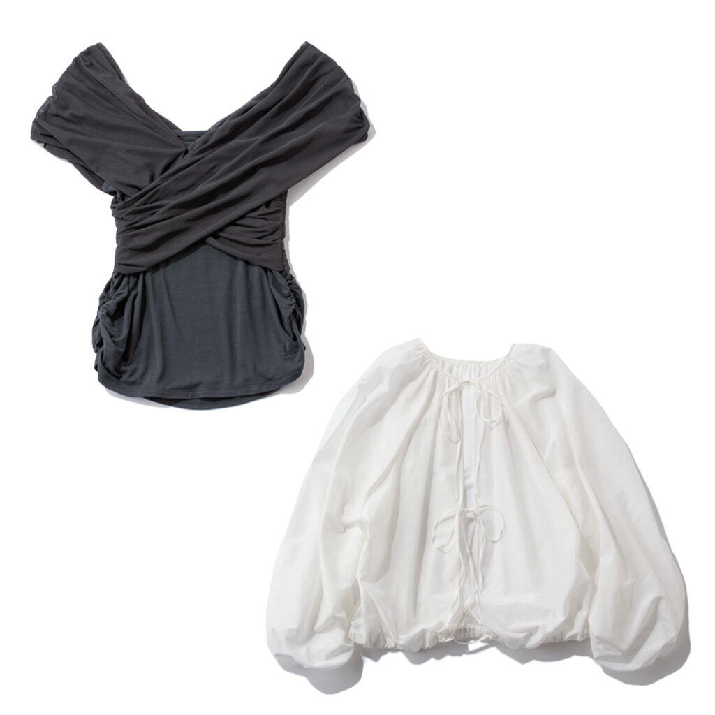 クロスデザインのブラウスとレースアップディテールのブラウス