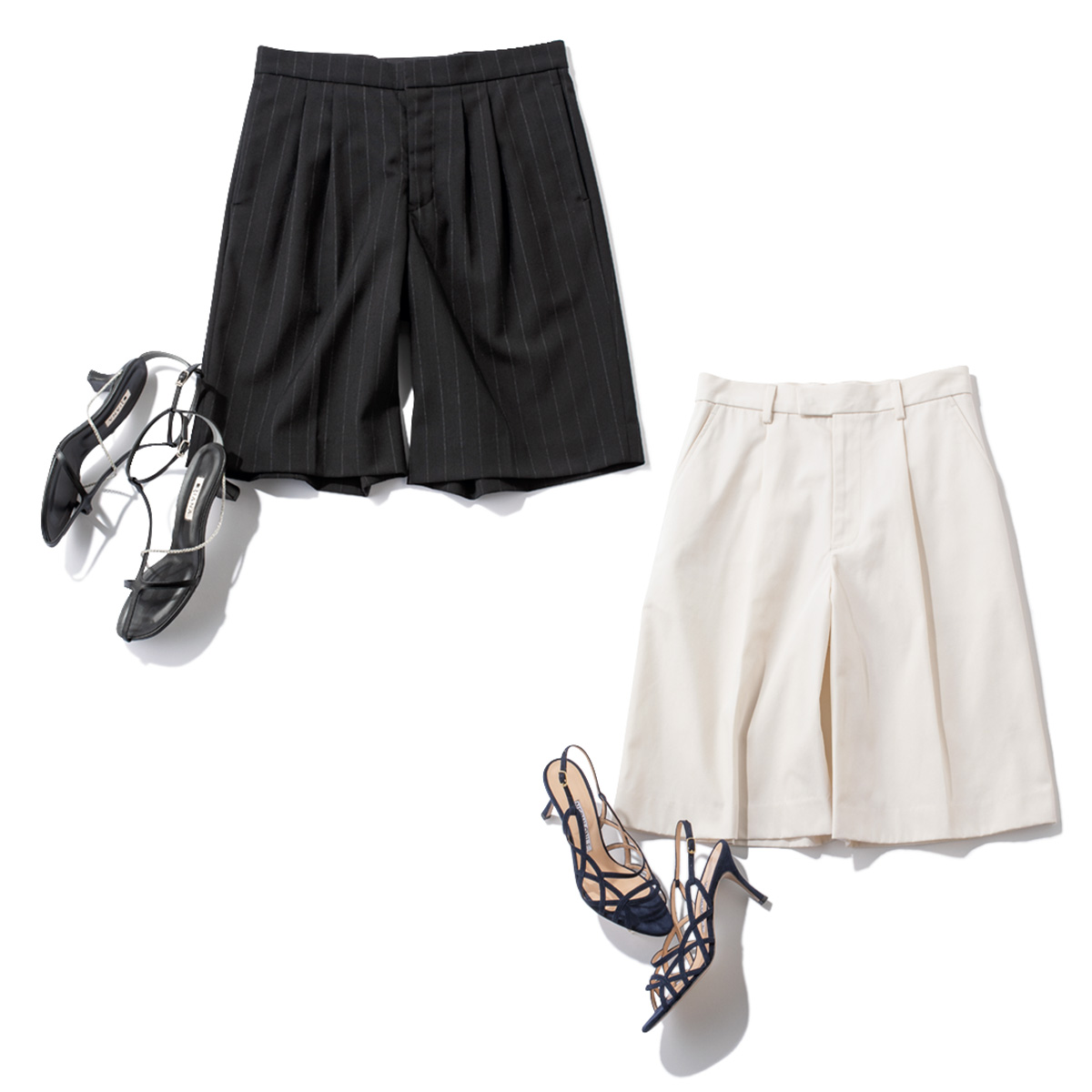 タックパンツとチェーン付きサンダル,白のハーフパンツとカットワークヒール