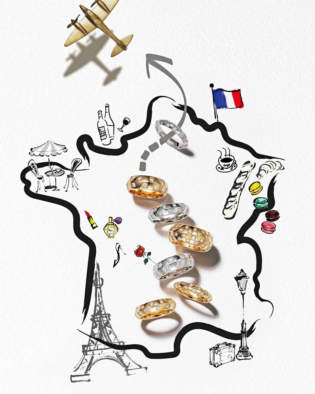 フランス国旗やエッフェル塔のイラストが描かれている絵の上に、ルイ・ヴィトンの「ル ダミエ ドゥ ルイ・ヴィトン」のリングが7つ並んでいる様子。