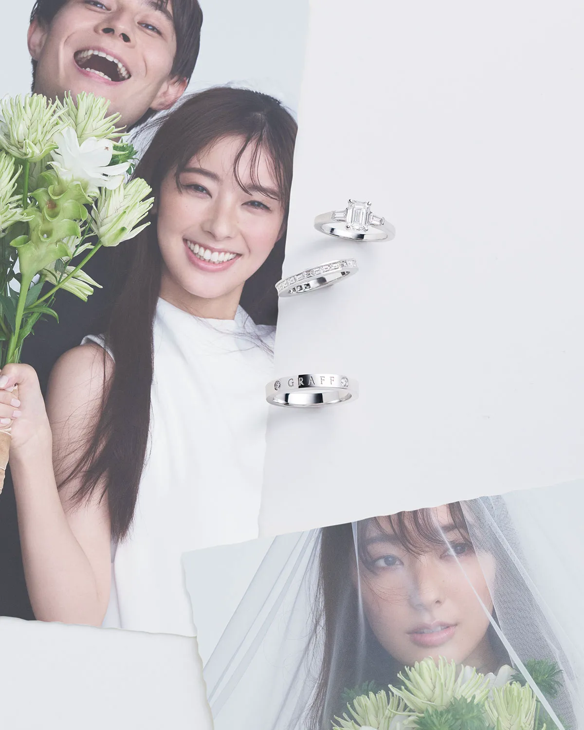 ウエディングドレス姿の宮本茉由さんと、タキシード姿のシールズ啓司さんの写真の右側に、グラフの指輪が縦に3つ並んでいる様子。