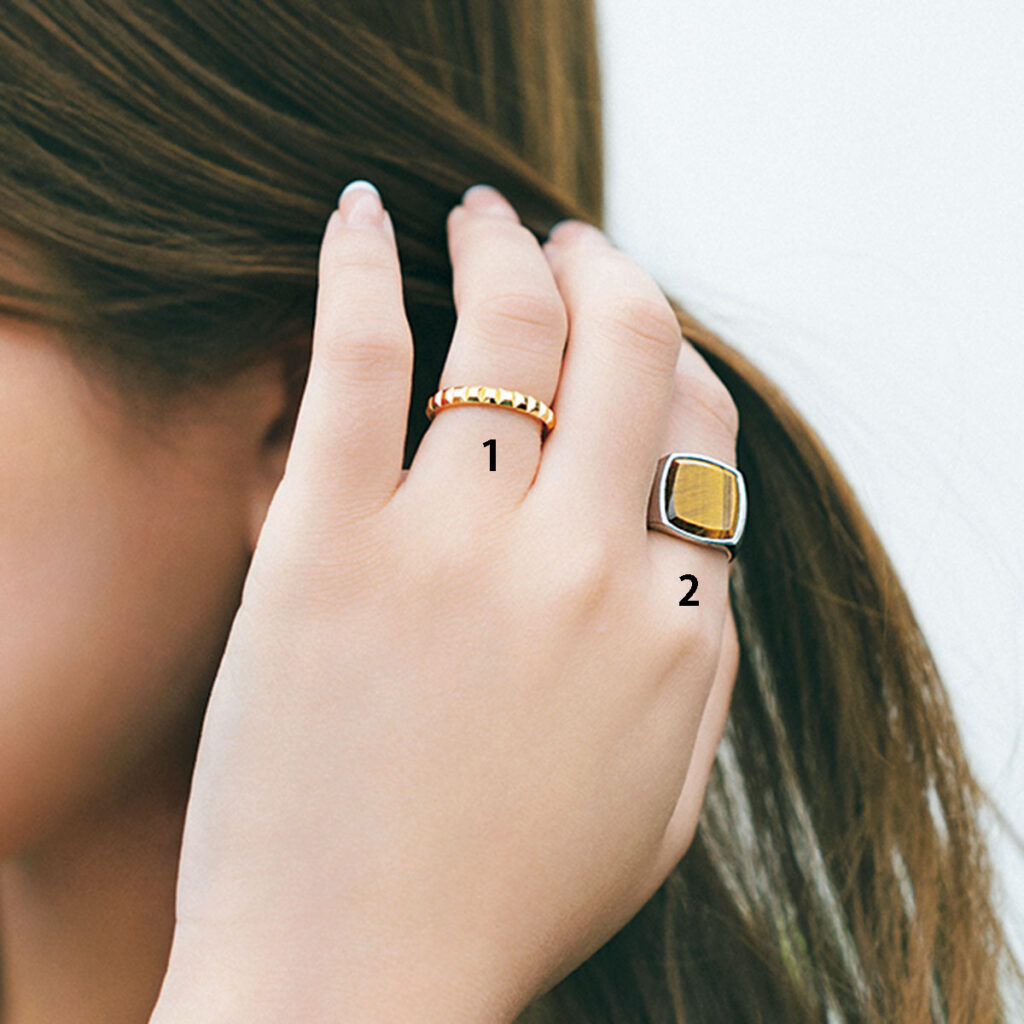 ゴールリングとタイガーアイの重ね付け