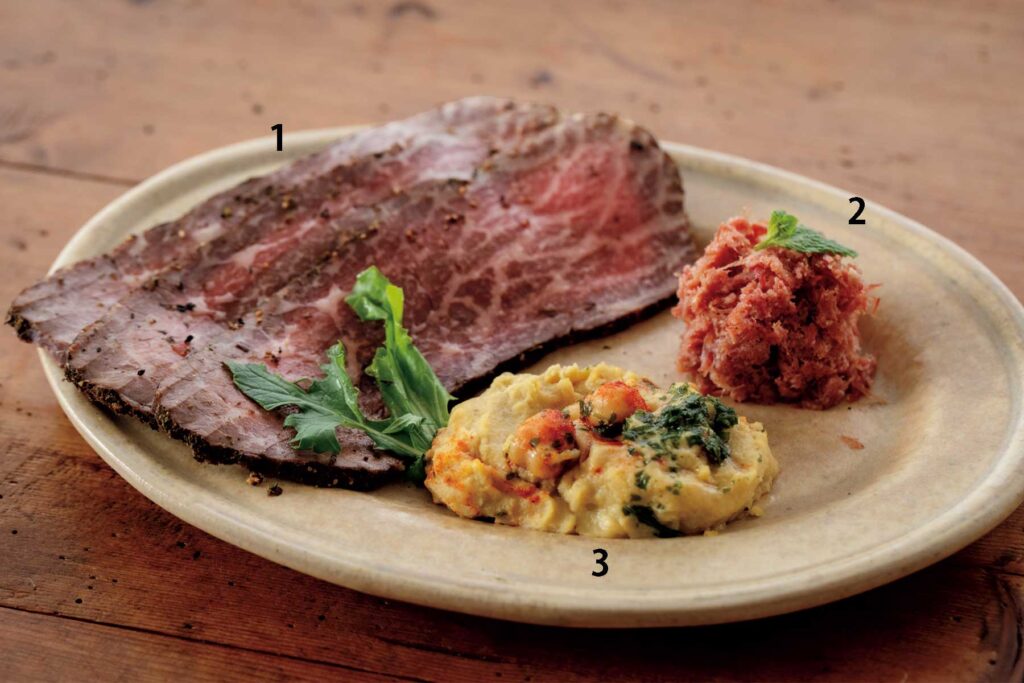 1.【ハウスメッツガーハタ】ローストビーフ 2.【千駄木腰塚】自家製コンビーフ 3.【THE CITY BAKERY】ひよこ豆のディップ