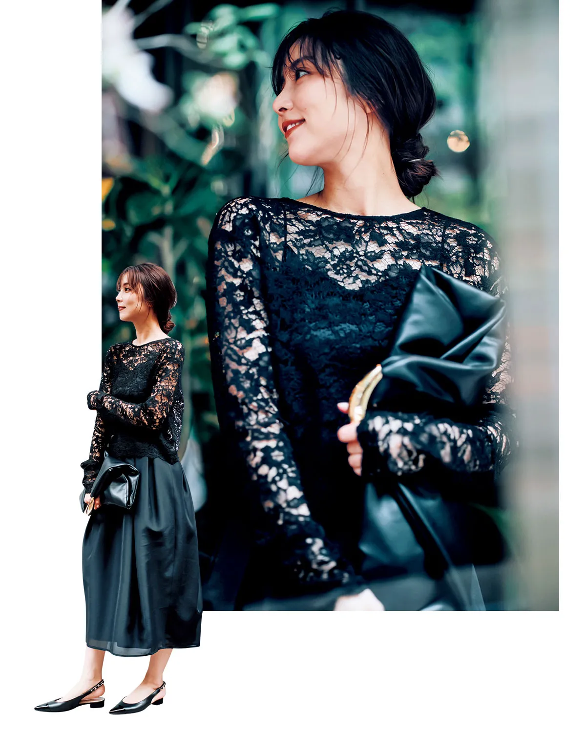 黒のレーストップスとコクーンスカートを組み合わせた冬の結婚式参列にふさわしい服装