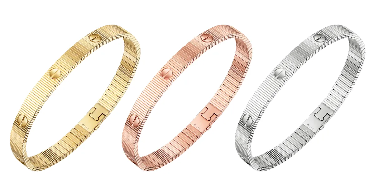 カルティエの「LOVE アンリミテッド」ブレスレット。左からイエローゴールド、ピンクゴールド、ホワイトゴールド。