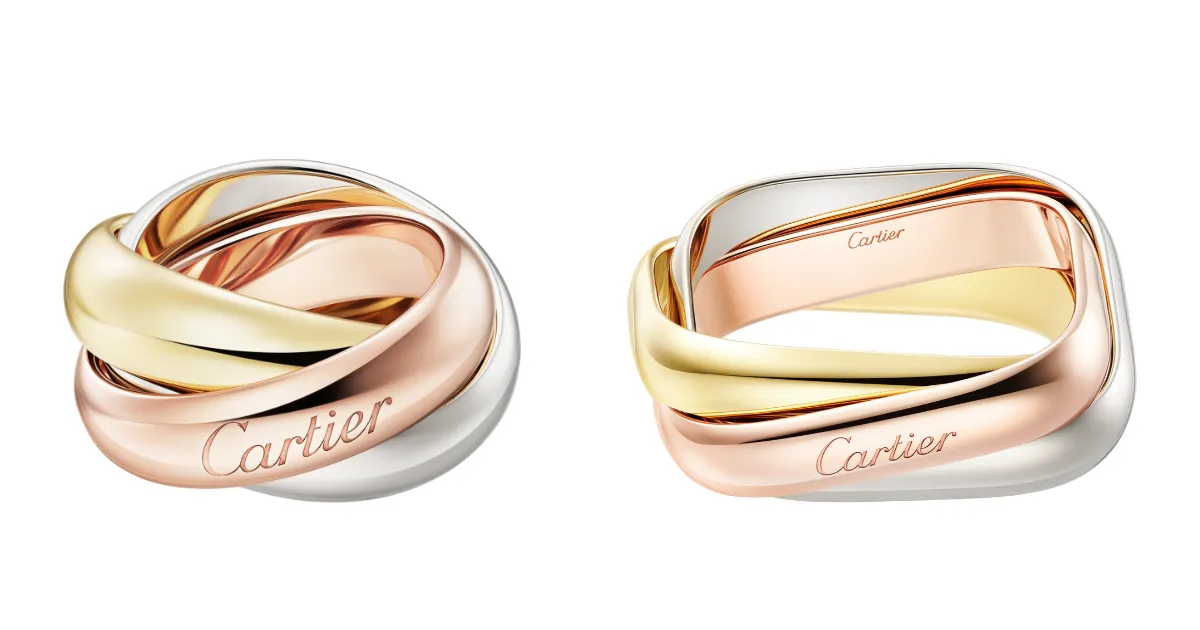 カルティエの「トリニティ」リングのクラシックモデルとクッションシェイプが並んでいる様子。