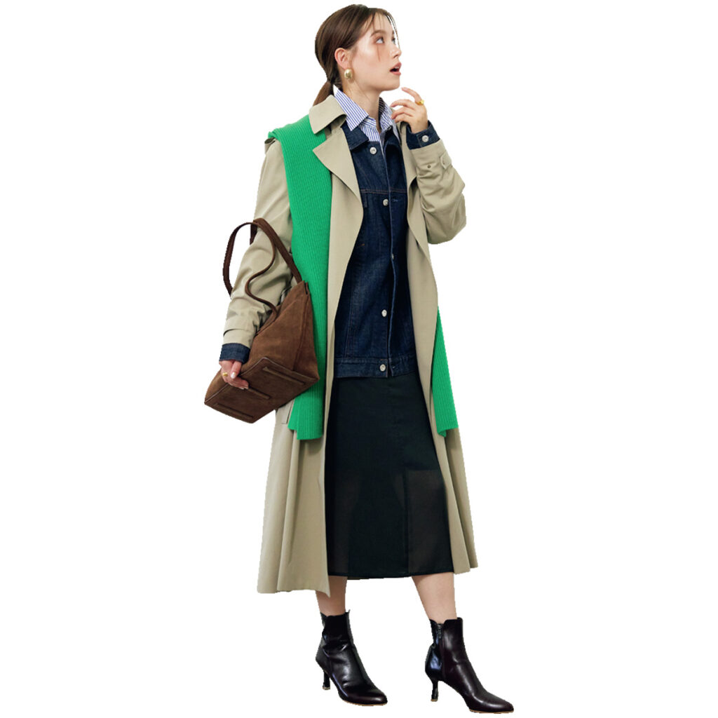 デニムジャケットとトレンチコートのコーデ