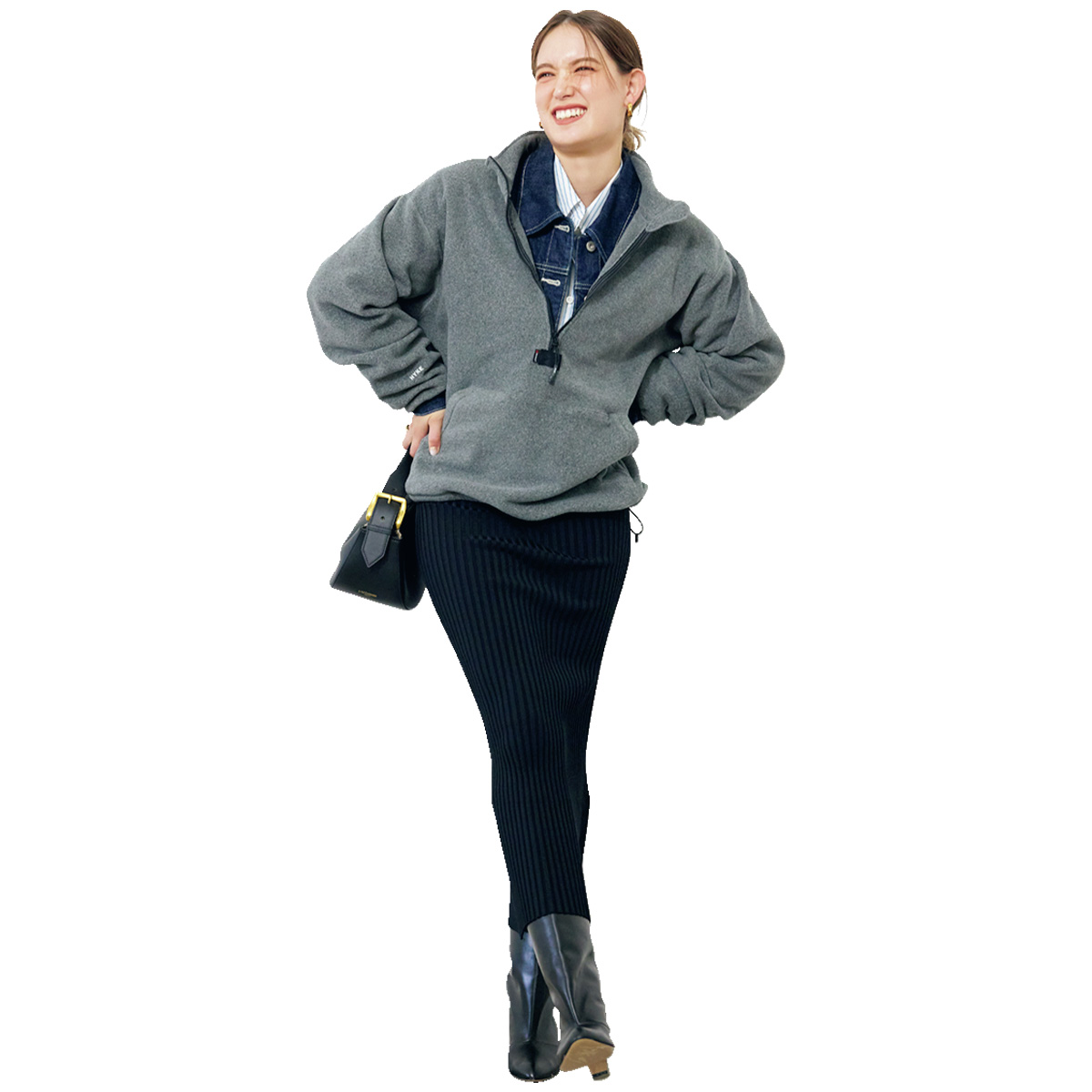 ハーフジップとデニムジャケットのレイヤードコーデ