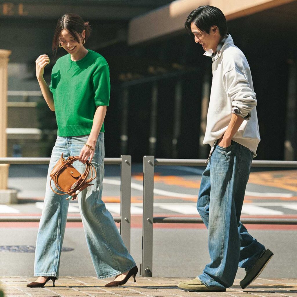 グリーンニットとデニムのコーデ,デニムリンクコーデ