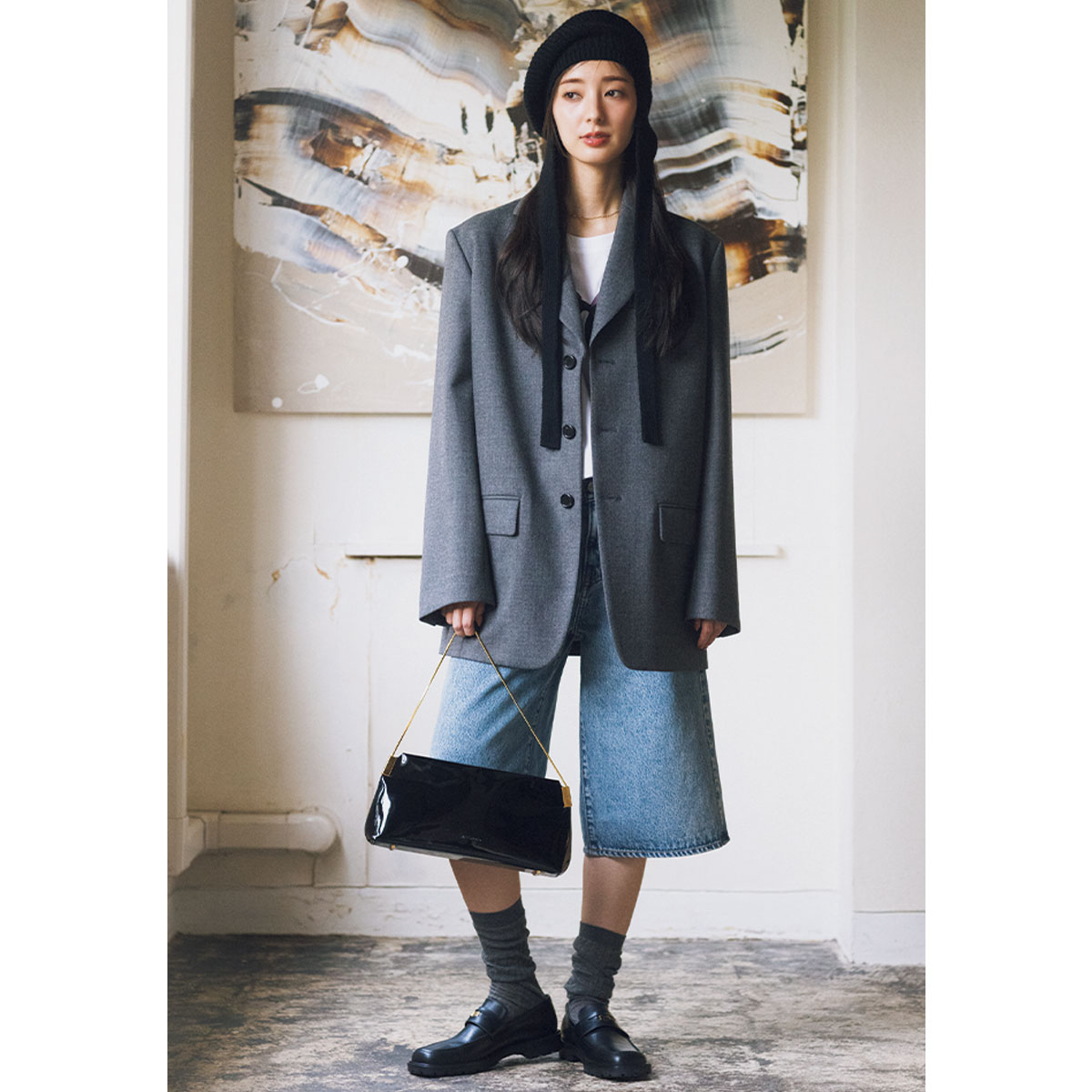 ジャコットとデニムハーフパンツのコーデ