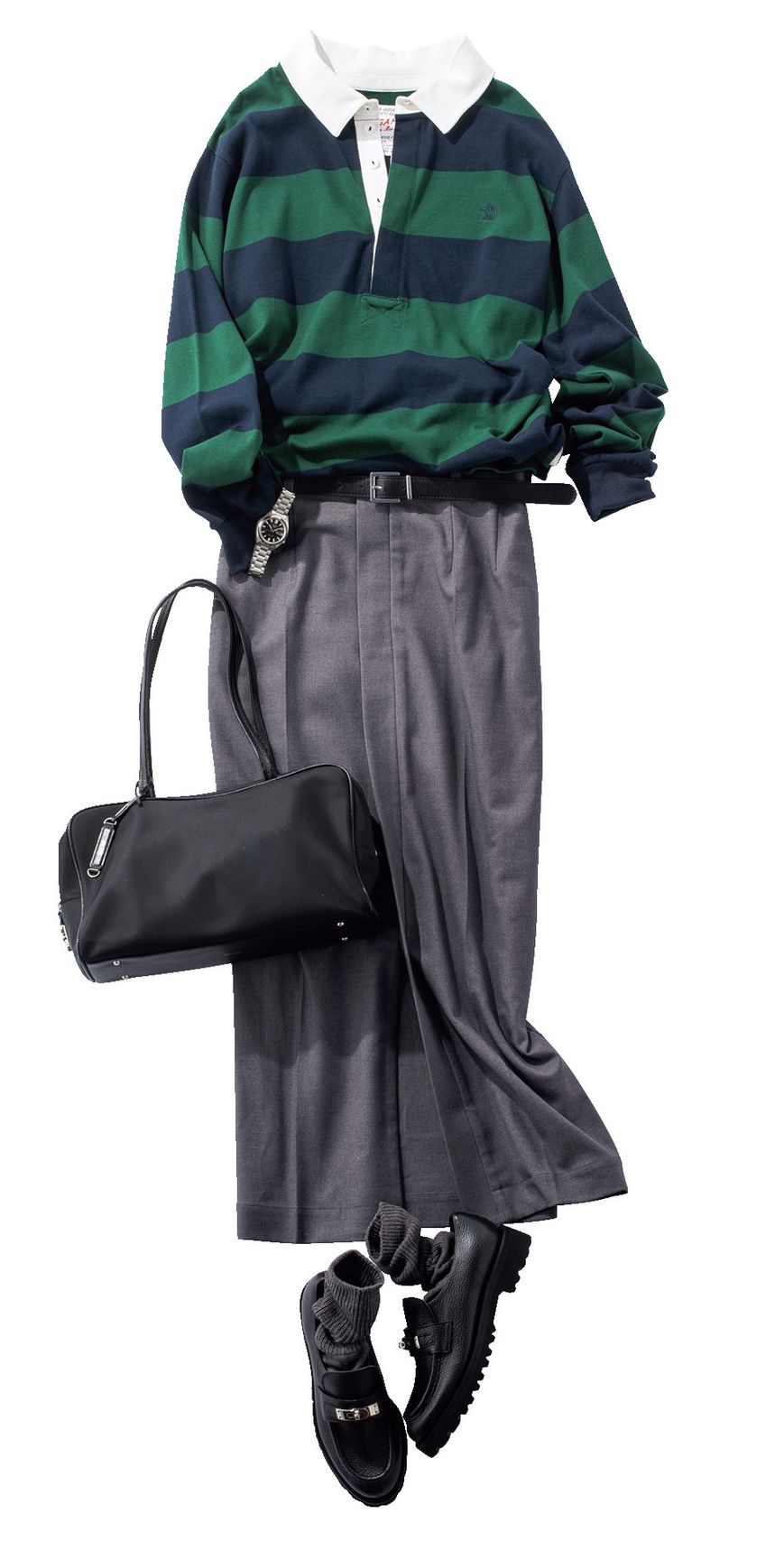 グリーンとベイビーのクラシカルなラガーシャツにロングスカートを合わせてきちんと寄せます。キレイめボトム合わせは、ラガーシャツ初心者におすすめの着方。ラガーシャツはローガン ニッティング ミルズ×シップス、スカートはフレイ アイディー、靴は銀座かねまつ６丁目本店、バッグはトゥティエのもの。