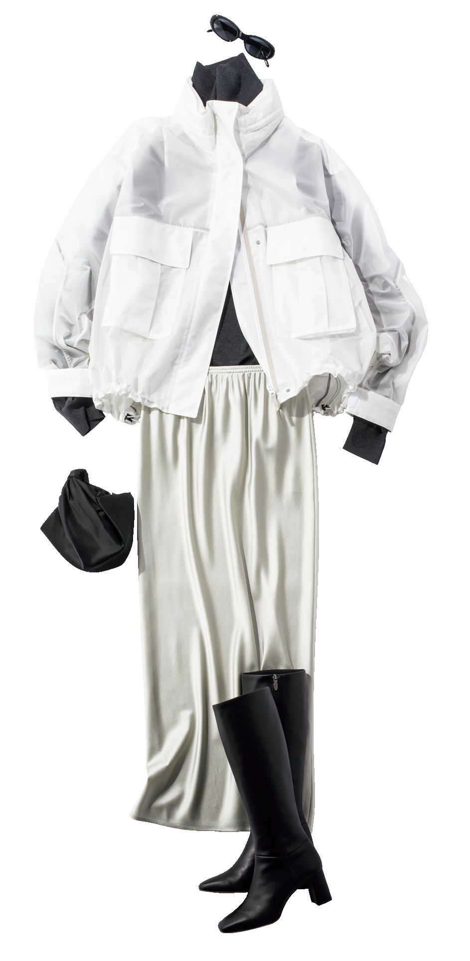 撮影／清藤直樹 女っぽいサテンスカートと合わせて甘辛ミックスに。素材感はカジュアルでも、白の絶対的な爽やかさがあればコンサバにまとまります。ブルゾンはカオス、ニットはスローン、スカートはデ・プレ、ブーツはダイアナ、バッグはテンドレス スタジオのもの。