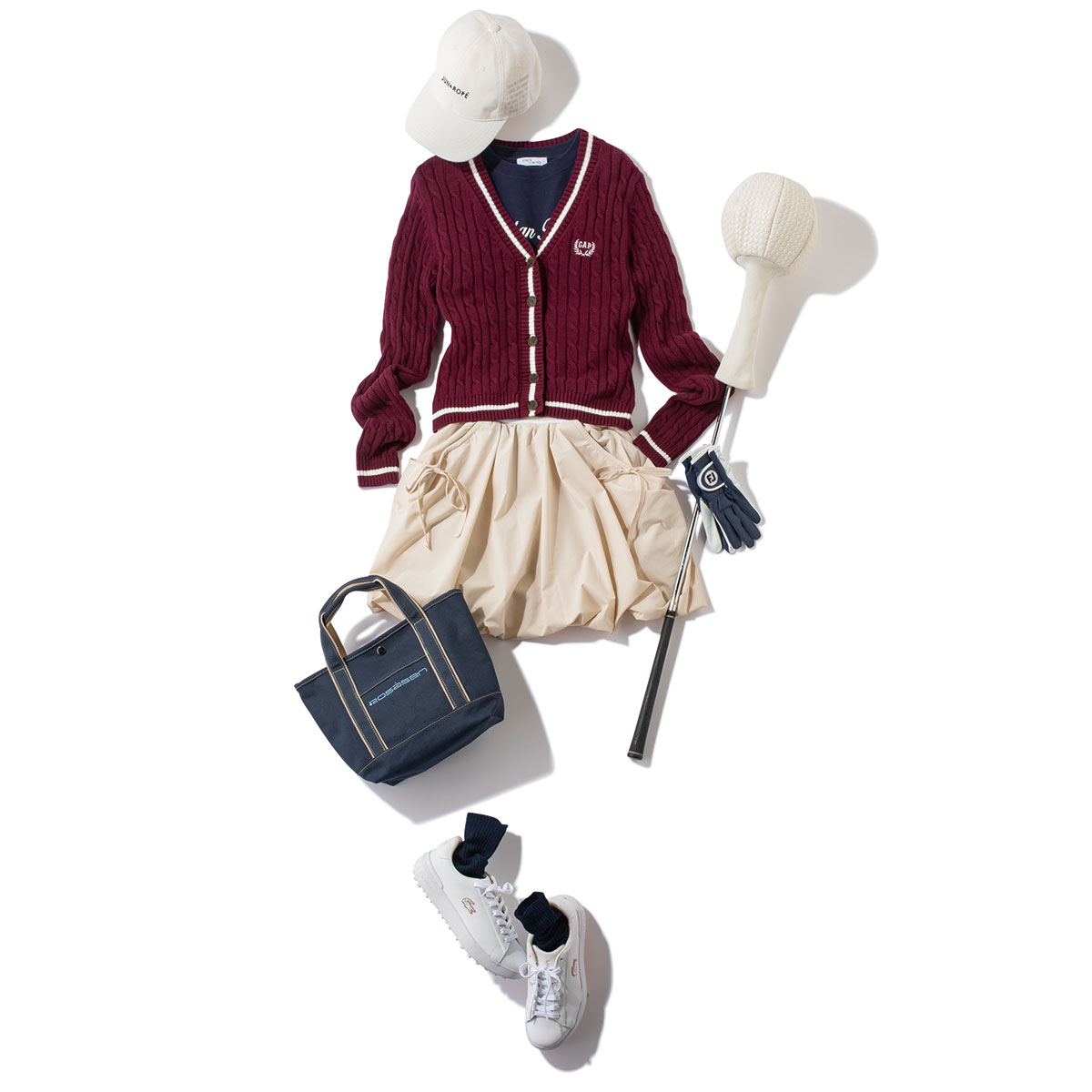 トラッドカーデとバルーンスカートのゴルフコーデ