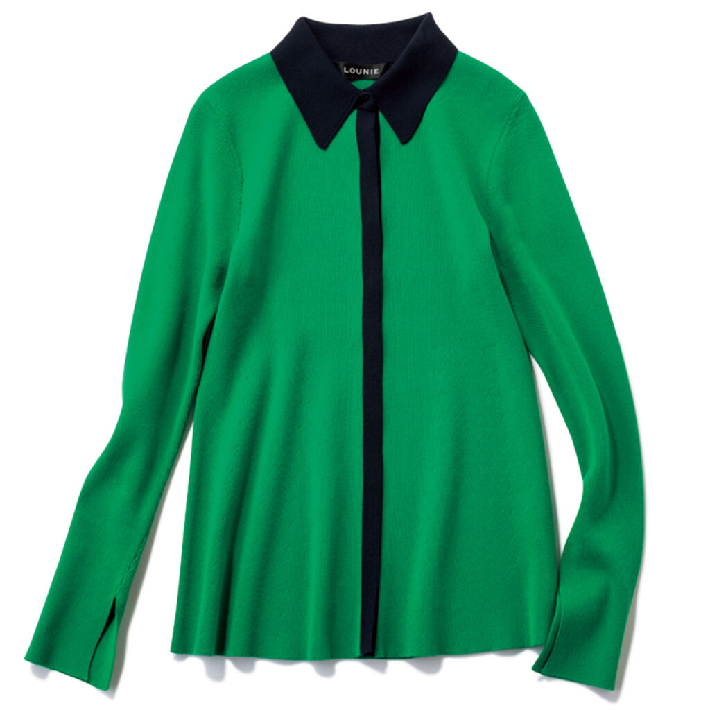 グリーンのバイカラーカーディガン