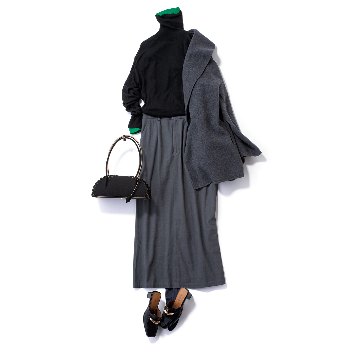 タートルの重ね着にグレースカートのコーデ