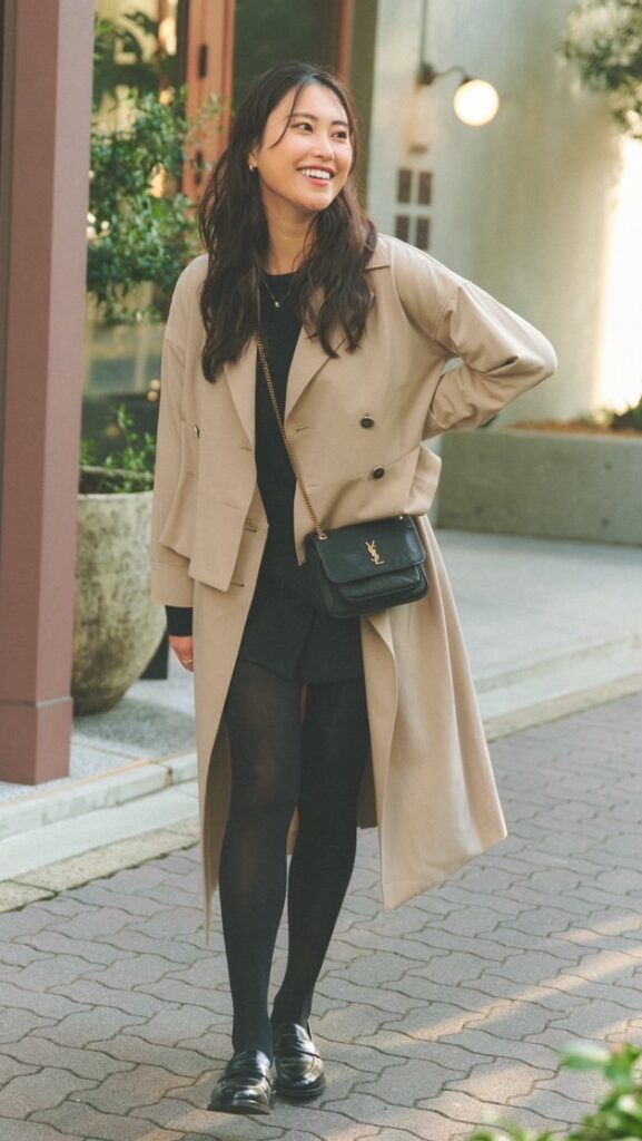 COAT：STUDIOUS KNIT：Ralph Lauren MINI SKIRT：ZARA SHOES：Berwick BAG：Sait Laurent