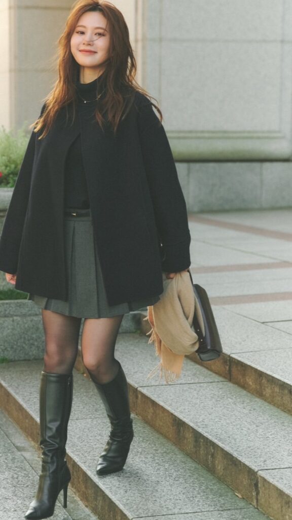 COAT：ánuans KNIT：UNIQLO SKIRT：ZARA BAG：stand oil SOCKS：poláura BOOTS：DIANA