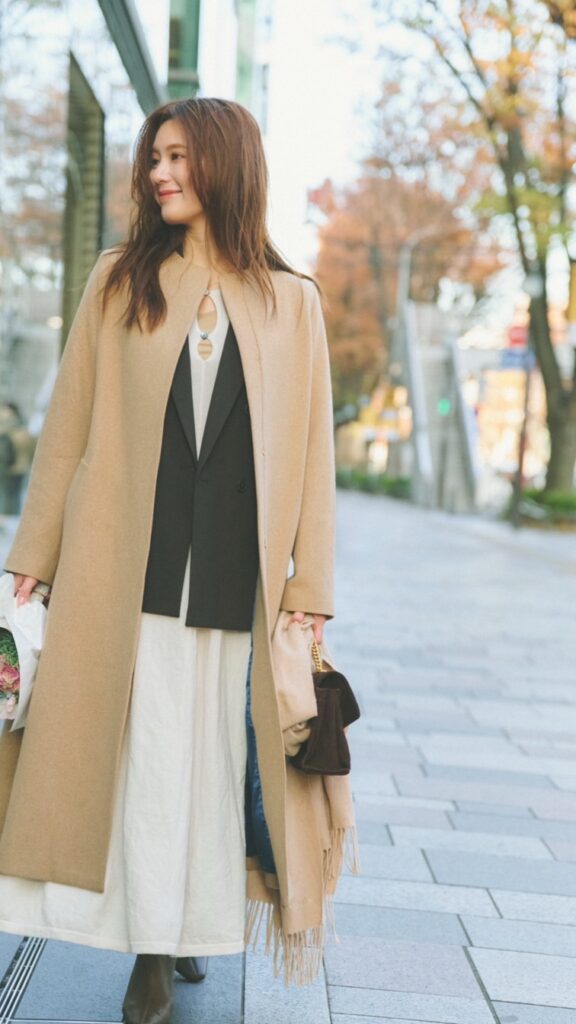 COAT：LANVIN en Bleu KNIT DRESS： L'AUBE BLANC JACKET：UNIQLO BAG：CHARLES & KEITH BOOTS：anuans