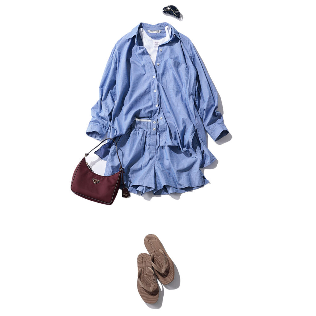 シャツとハーフパンツのセットアップコーデ